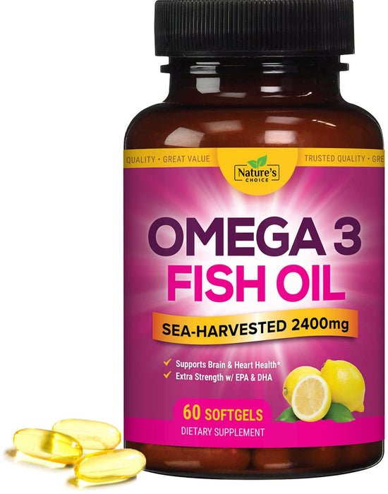 Nature's Choice Omega 3 Fish Oil, DHA, EPA - Extra Strength (2400mg) for Natural Heart and Brain Support - Non-GMO, Burpless - 60 Softgels