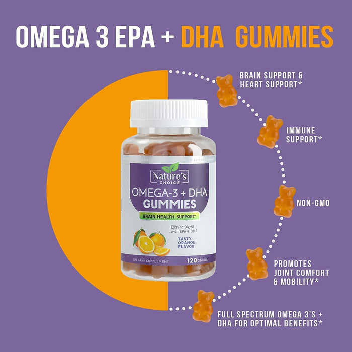 Omega 3 Fish Oil Gummies Extra Strength DHA & EPA - Natural Brain Support and Joints Support, Tasty Gummy Vitamin for Men & Women, Natural Orange Flavor - 120 Gummies