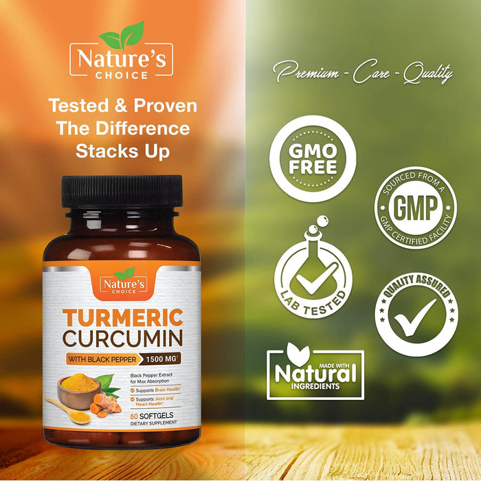 Nature's Choice Turmeric Curcumin Softgels with 30 Curcuminoids 1500mg and Black Pepper for Best Absorption, Powerful Joint Support, Turmeric Supplement by Natures Choice - 60 Veg Softgels