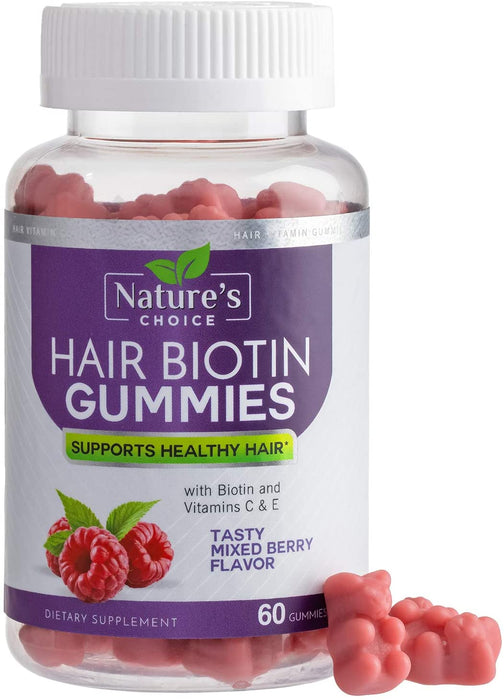 Hair Vitamins Gummies with Biotin 5000 mcg, Vitamin E & B12 to Support Hair Growth, Premium Vegetarian, Non-GMO, for Stronger, Beautiful Hair & Nails, Red Berry Supplement - 60 Gummies