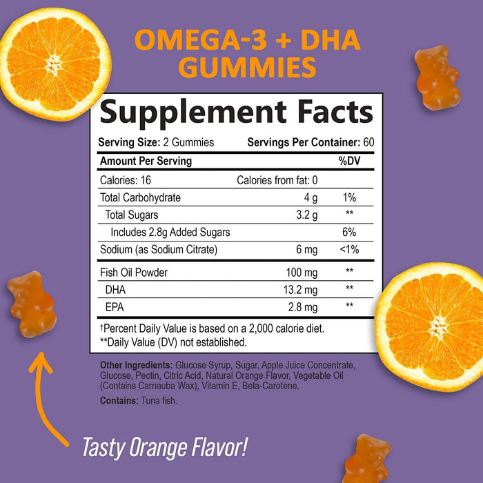Omega 3 Fish Oil Gummies Extra Strength DHA & EPA - Natural Brain Support and Joints Support, Tasty Gummy Vitamin for Men & Women, Natural Orange Flavor - 120 Gummies