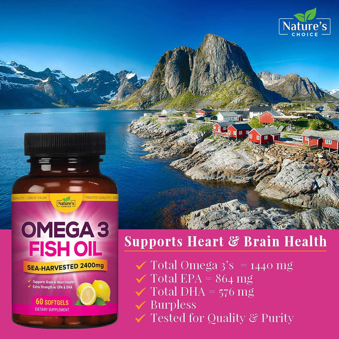 Nature's Choice Omega 3 Fish Oil, DHA, EPA - Extra Strength (2400mg) for Natural Heart and Brain Support - Non-GMO, Burpless - 60 Softgels