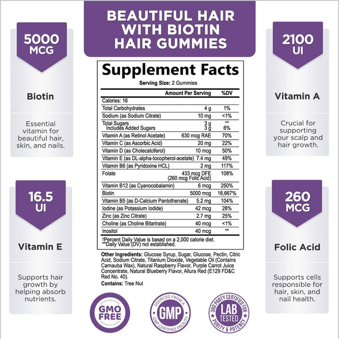 Hair Vitamins Gummies with Biotin 5000 mcg, Vitamin E & B12 to Support Hair Growth, Premium Vegetarian, Non-GMO, for Stronger, Beautiful Hair & Nails, Red Berry Supplement - 60 Gummies